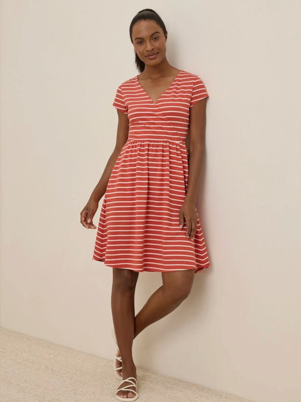 Pact Coral and White Striped V-Neck Mini Dress